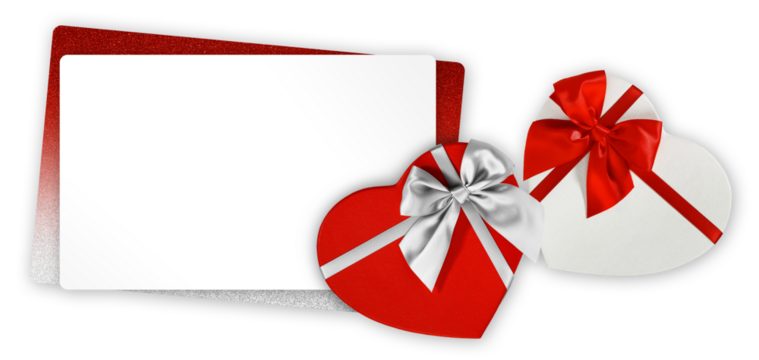 valentine's day gift greeting card with white and red boxes in heart shape wrapped with silver ribbon bow, top view copy space for label price ticket, shopping sale advertising banner, love concept