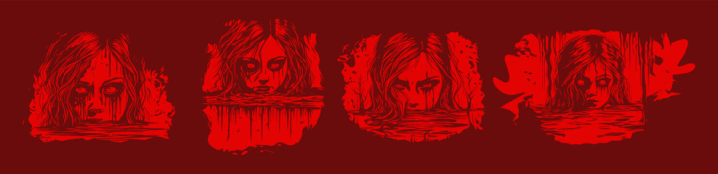 Horror Sketch gothic girl  and half face of goth woman above water. Isolated vector illustration. Fantasy, occultism, tattoo art, coloring book, prints