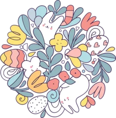 Küchenrückwand glas motiv Happy Easter hand drawn circle illustration with bunny and eggs. Doodle art for Spring holiday. © kostolom3000