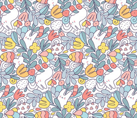 Happy Easter hand drawn seamless pattern illustration with bunny and eggs. Doodle art for Spring holiday.