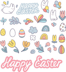 Happy Easter hand drawn illustration with bunny and eggs. Doodle art for Spring holiday.