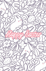 Happy Easter hand drawn illustration with bunny and eggs. Doodle art for Spring holiday.