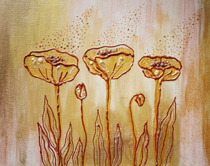 Artistic painting bouquet of golden poppies, magic flowers. Picture contains interesting idea, evokes emotions, aesthetic pleasure. Canvas stretched, cardboard, oil natural paints. Concept art texture - 556310347