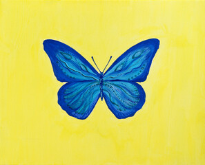 Artistic painting yellow blue butterfly, Ukraine patriots. Picture contains interesting idea, evokes emotions, aesthetic pleasure. Canvas stretched, cardboard, oil natural paints. Concept art texture - 556310502