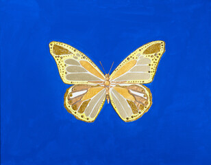 Artistic painting yellow blue butterfly, Ukraine patriots. Picture contains interesting idea, evokes emotions, aesthetic pleasure. Canvas stretched, cardboard, oil natural paints. Concept art texture - 556310520