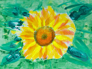 Artistic painting big yellow sun flower, neon vivid petals. Picture contains interesting idea, evokes emotions, aesthetic pleasure. Canvas stretched, cardboard, oil natural paints. Concept art texture - 556310526
