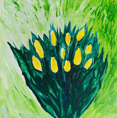 Artistic painting spring bouquet of tulips, green fields. Picture contains interesting idea, evokes emotions, aesthetic pleasure. Canvas stretched, cardboard, oil natural paints. Concept art texture - 556310549