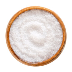 Fototapeta na wymiar Fleur de sel, sea salt, in a wooden bowl. Also known as flor de sal, a salt that forms a thin, delicate crust on the sea water that evaporates. Used as a finishing salt to flavor and garnish food.