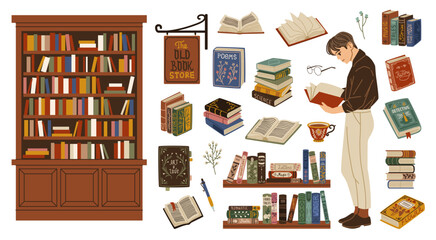 Cartoon books. Book lover hold literature volume, guy in library, gaining knowledge, self education, bibliophile reads, vintage bookshelf, retro shop, tidy vector cartoon flat set