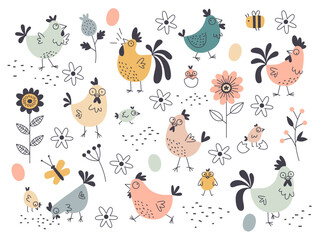 Cartoon funny chicken characters. Decorative domestic birds, laying hens, cockerels and eggs, cute easter holiday elements, hand drawn spring flowers and leaves tidy vector cartoon flat set © YummyBuum