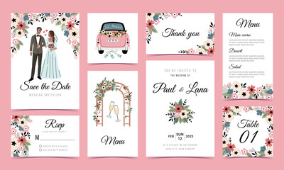 Cute wedding cards. Romantic party invitations, happy newlyweds holiday, couple in love, event banners with bride and groom, party menu template, couple in love tidy vector cartoon flat set