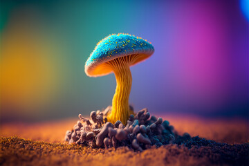 A beautiful close view of psilocybin, magic mushroom with rainbow colors on it. - obrazy, fototapety, plakaty
