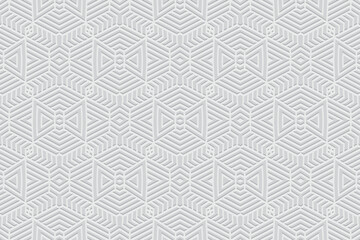 Embossed white background, ethnic cover design. Press paper, boho style. Geometric 3d pattern of contours and lines. Tribal themes of the East, Asia, India, Mexico, Aztecs, Peru, unique ornaments.
