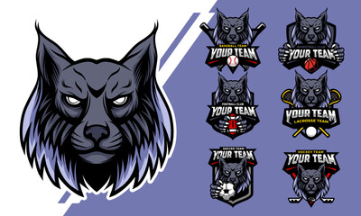 Lynx Head Mascot Logo with logo set for team football, basketball, lacrosse, baseball, hockey , soccer .suitable for the sports team mascot logo .vector illustration. © DARIM