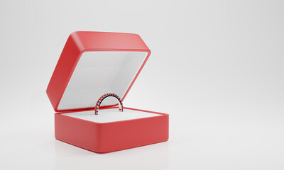 3D wedding ring in red box jewelry gift romantic love for Valentine day on white background with copy space for a word. 3D render illustration