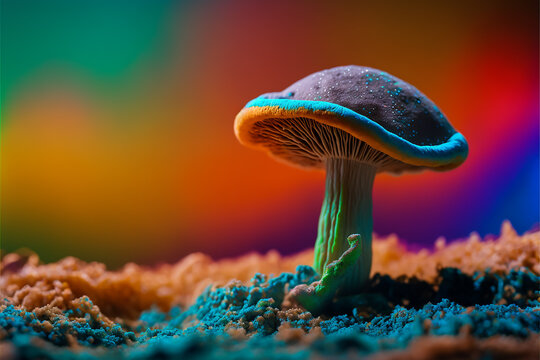 A beautiful close view of a psilocybin, magic mushroom with rainbow colors on it. 