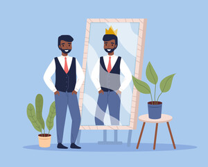 Narcissist man, human behavior in self love, confidence egocentric attitude, importance of lifestyle of beauty. Cartoon flat isolated character standing in front of mirror. Vector concept - obrazy, fototapety, plakaty
