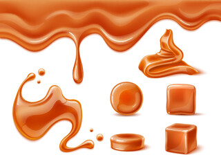 Realistic caramel. Sweet dessert component, milk and sugar candy base, melting liquid, fluid and pieces, 3d smudges and puddle, round candies and cubes, 3d isolated elements utter vector set