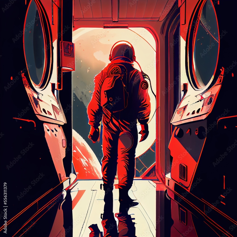 Wall mural an astronaut emerges from his spaceship. a high-tech astronaut from the future. the concept of space