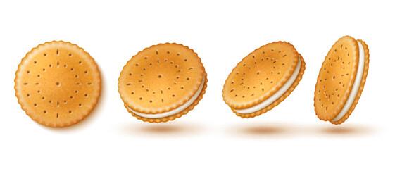 Round sandwich cookies. Realistic dry biscuits cream sandwiches, different viewing angles, cracker with holes, sweet delicious snack, bakery confectionery product icon, utter vector 3d set