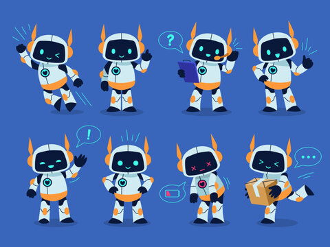 Robot mascot. Cute toy, cartoon cyborg character, different poses and actions, funny emotional android. Artificial Intelligence computer assistant. Chat bot, support service, tidy vector set