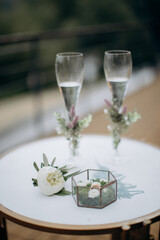 two glasses with champagne for the bride and groom, bride's fees, alcohol party, bachelor party with alcohol,