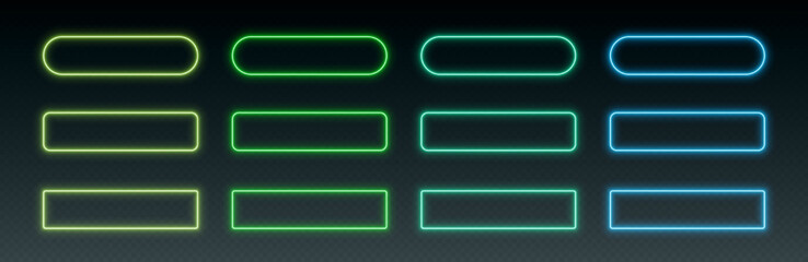 Neon button frames, coloful glowing borders, isolated UI elements. Action button decoration with various corner radius. Vector illustration.