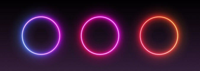 Neon circle frames, gradient glowing round borders, isolated UI elements. Futuristic avatar frames for game interface. Vector illustration. © Likanaris