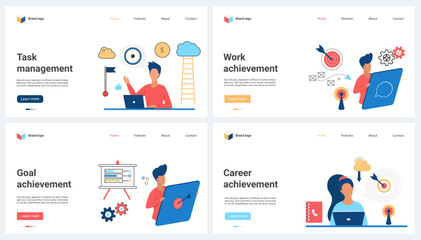 Task management, leadership career success and goal achievement set vector illustration. Cartoon tiny people work with software, office data presentation and computer system to develop project