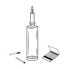 Stock vector black and white hand drawn illustration lit candle in a glass bottle and matches