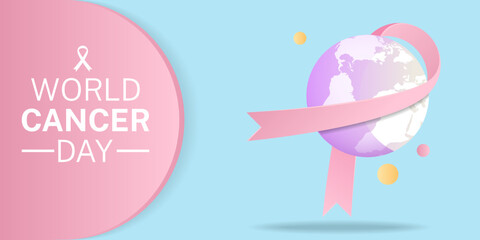 World cencer day background with ribbon and globe