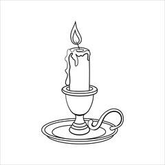 Stock vector burning candle in a candlestick outline black and white illustration