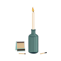 Stock vector flat cartoon hand drawn illustration lit candle in a glass bottle on white background