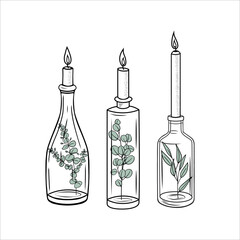 Stock vector illustration doodle black and white set of candles in bottles with eucalyptus branches