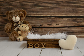 Newborn digital backdrop with two teddy bear, heart, word boy and wooden box. Newborn background....