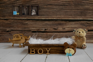 Newborn digital backdrop with teddy bear, plane, word boy and wooden box. Newborn background. ...