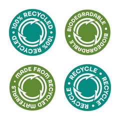 The set of green signs on the theme of recycling and biodegradable materials.