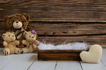 Newborn digital backdrop with teddy bear, heart and wooden box. Newborn background. Front view.