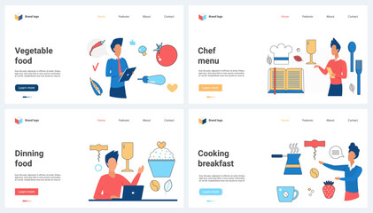 Healthy chef online menu for cooking breakfast, lunch and dinner set vector illustration. Cartoon tiny people people cook vegetables using digital recipe book, gastronomy and gourmet culinary