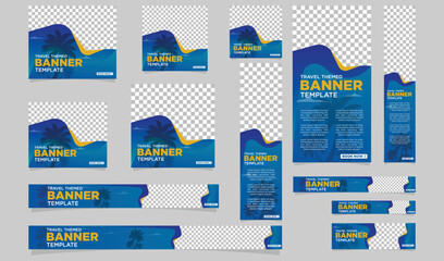 travel web banner templates with image placement places trendy and joyful themed with beach and sea concept horizontal square and vertical posts could be used as social media post website header cover - Powered by Adobe