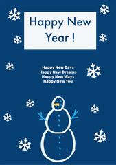 Blue Christmas greeting card with snowman and Happy New Year" text,
