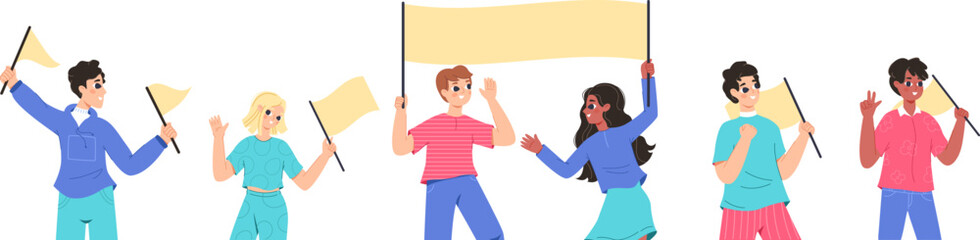 Fototapeta premium Cartoon happy teenagers holding banners and flags. Teens celebrating, demonstration or festival characters. Cute flat boys and girls young adults crowd