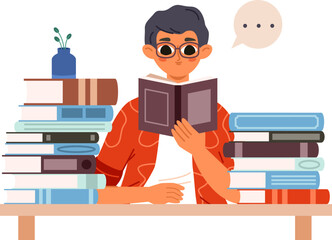 Young cartoon boy reading books. Student study, teens education concept. Teenager read book, look answers or exam preparation, vector character