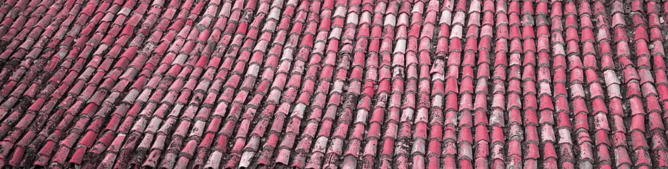 Vintage natural tile roof, border design panoramic banner. Trendy Toned in Color of the year 2023, Viva Magenta. 