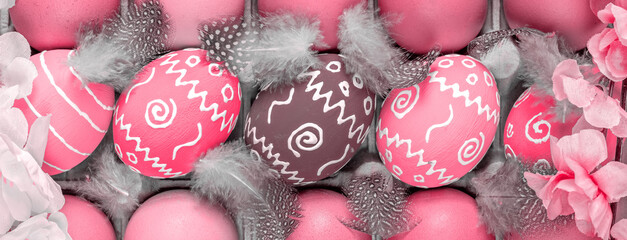 Easter eggs. Celebration Easter. Holiday easter decoration, panoramic banner. Trendy Toned in Color...
