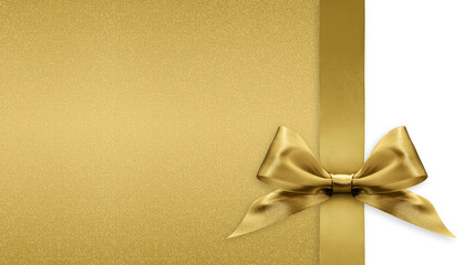 golden bright ribbon bow isolated on glitter background, top view, copy space for gift greeting...