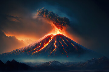 Erupting Volcano Emerges From Foggy Lower Mountains Lava Flows Down the Slopes in a Majestic Display of Nature's Fury. - obrazy, fototapety, plakaty