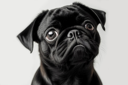 Close up portrait cute black pug dog on isolated white background. A beautiful dog photo for advertises.