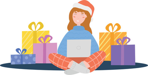 Happy Woman shopping online. Christmas sale. Holidays purchase from home. 