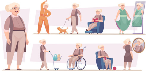 Female pensioner. Fashioned elderly woman grandma characters exact vector cartoon illustrations set - obrazy, fototapety, plakaty